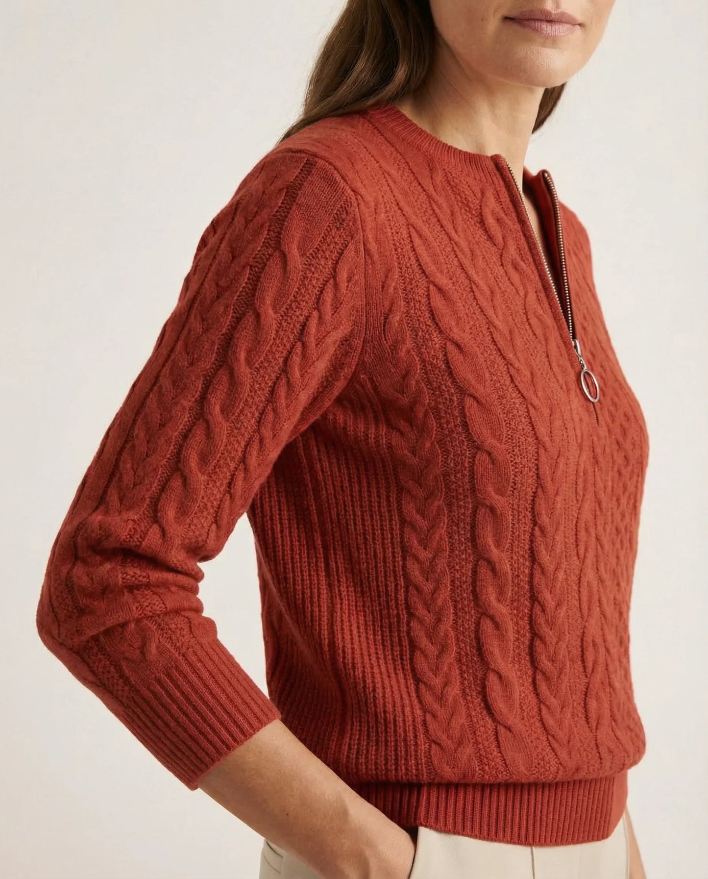 Frida | Kabelstrikket Sweater Med Lynlås