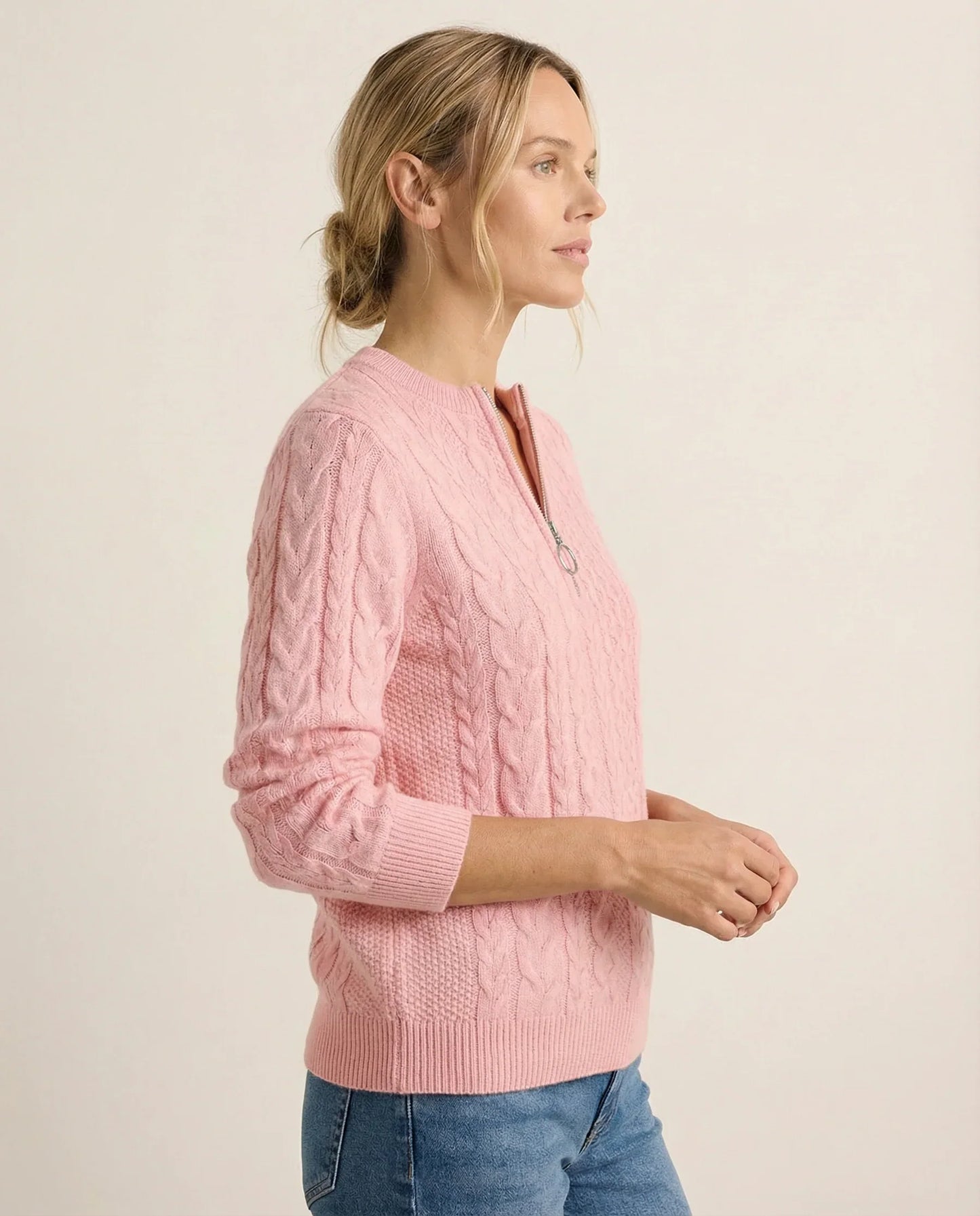 Frida | Kabelstrikket Sweater Med Lynlås