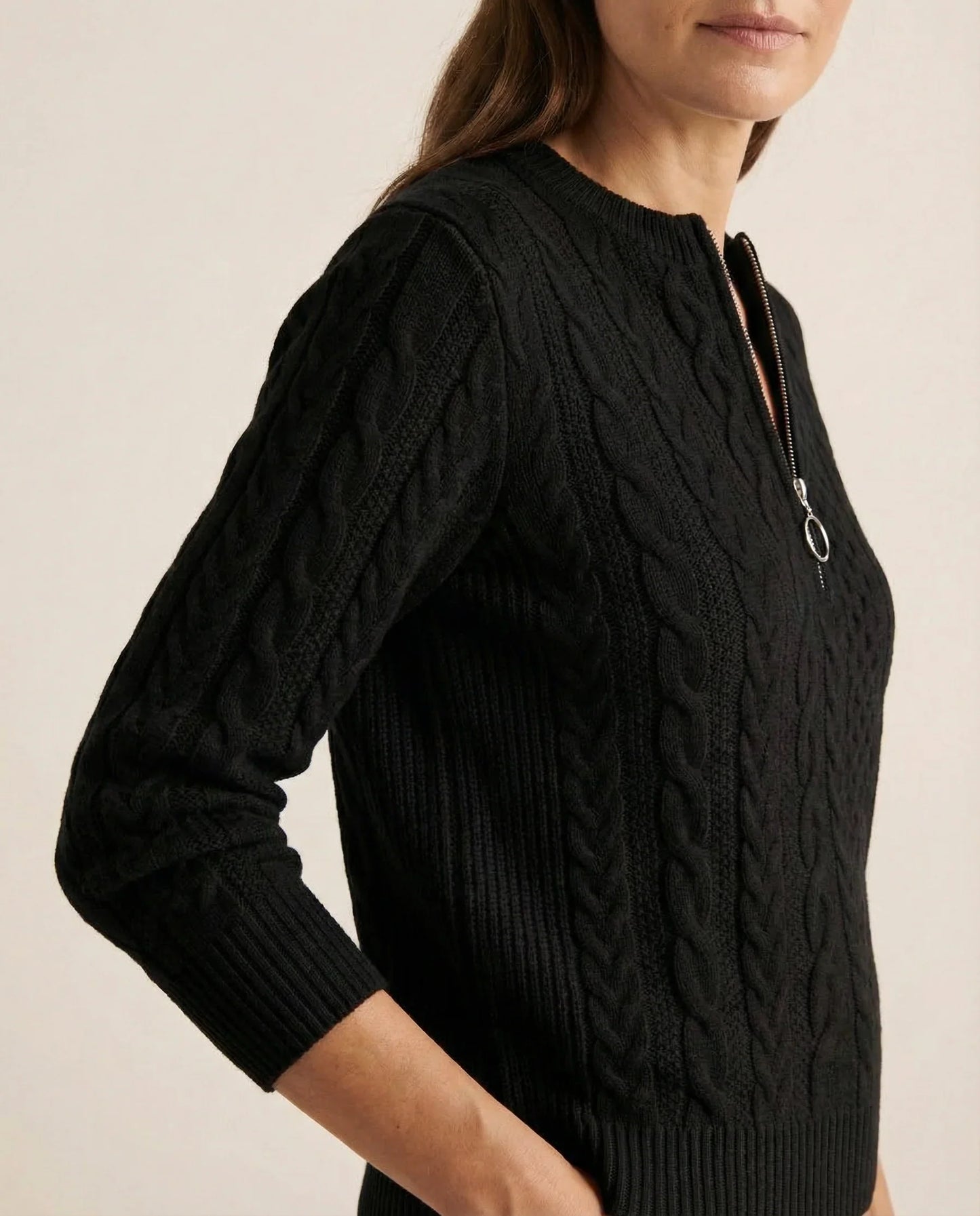 Frida | Kabelstrikket Sweater Med Lynlås