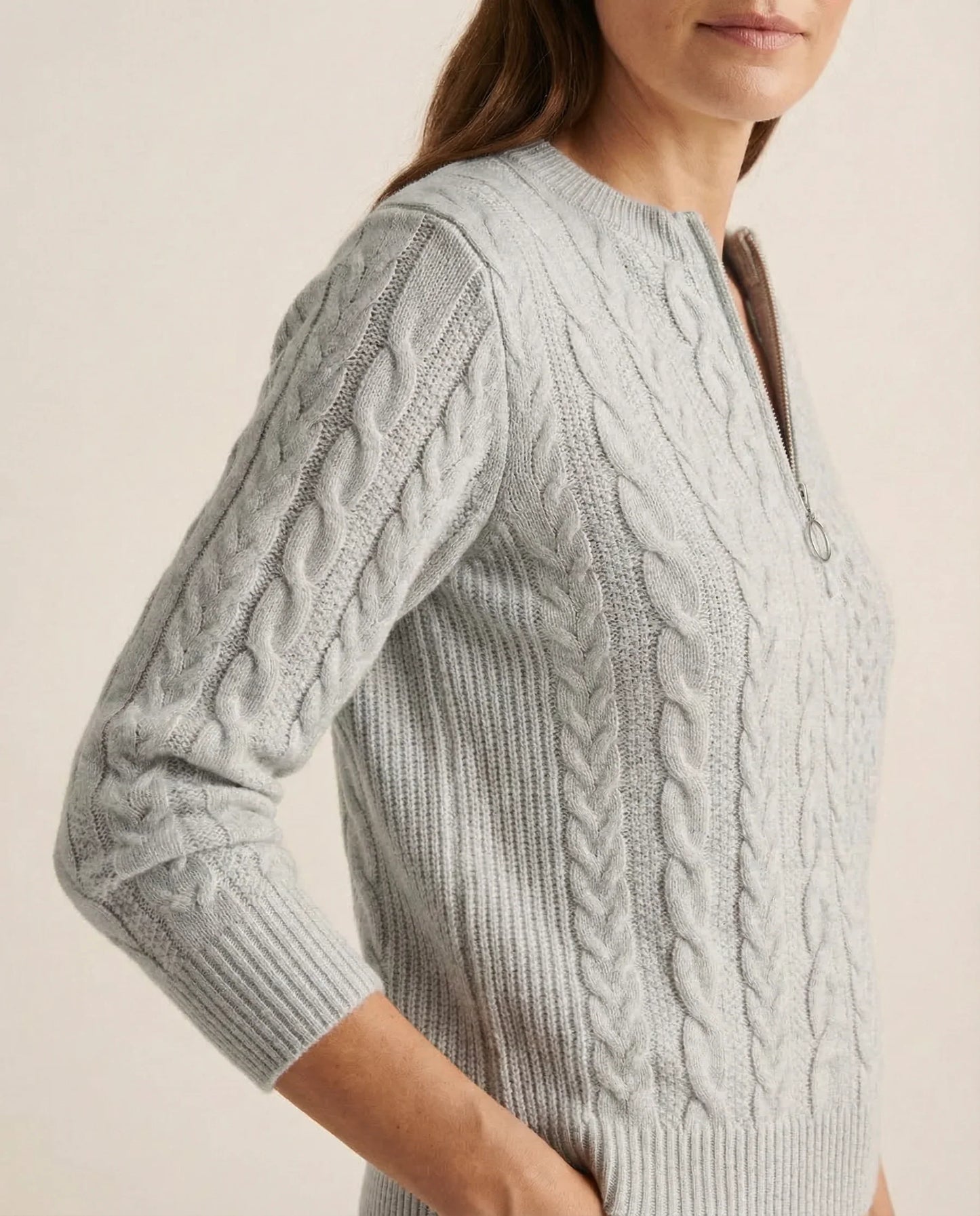 Frida | Kabelstrikket Sweater Med Lynlås