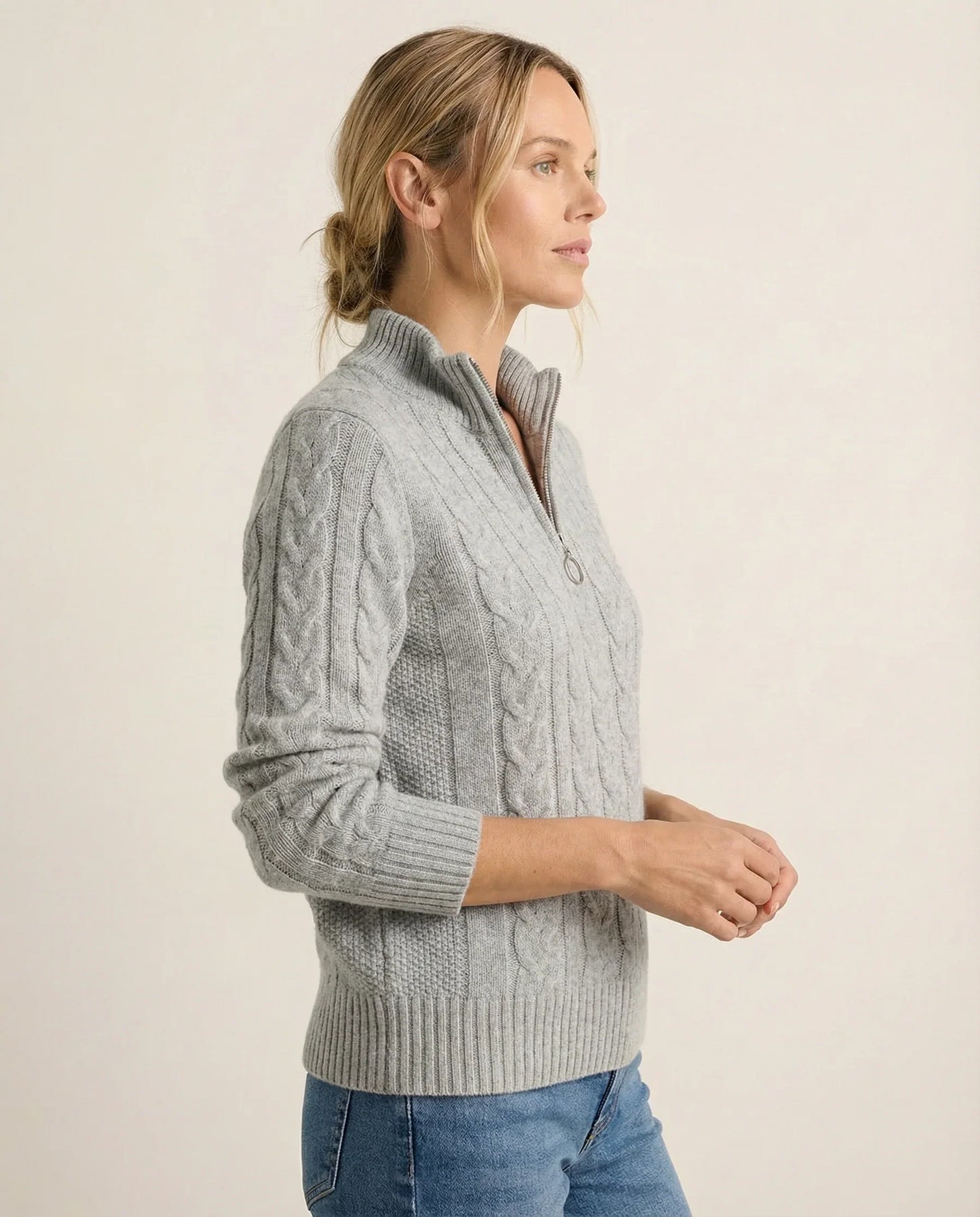 Frida | Kabelstrikket Sweater Med Lynlås