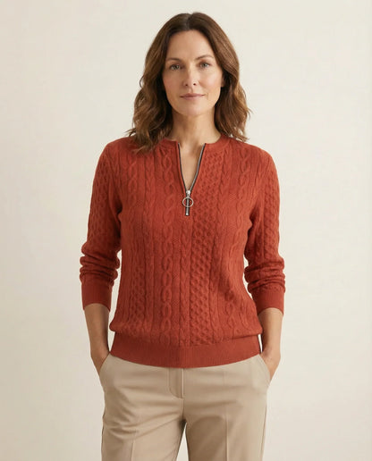Frida | Kabelstrikket Sweater Med Lynlås