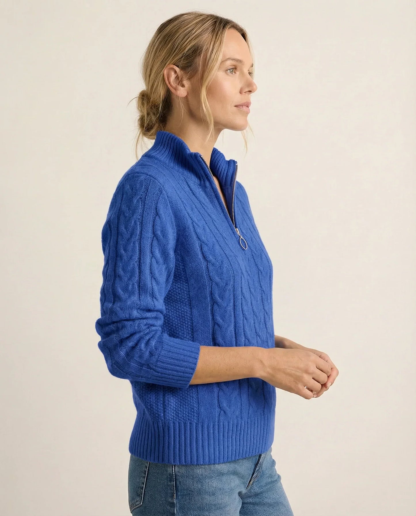 Frida | Kabelstrikket Sweater Med Lynlås