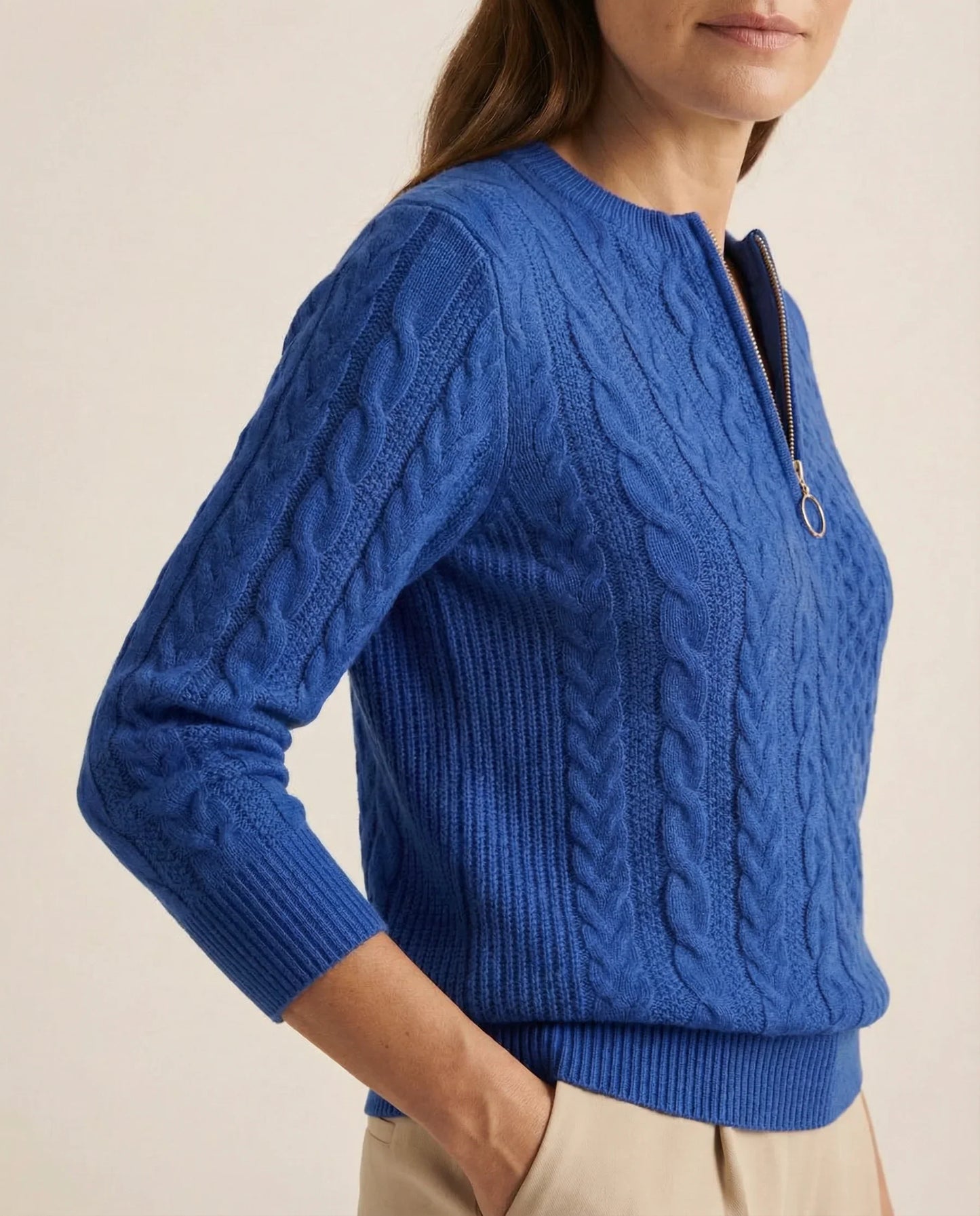 Frida | Kabelstrikket Sweater Med Lynlås